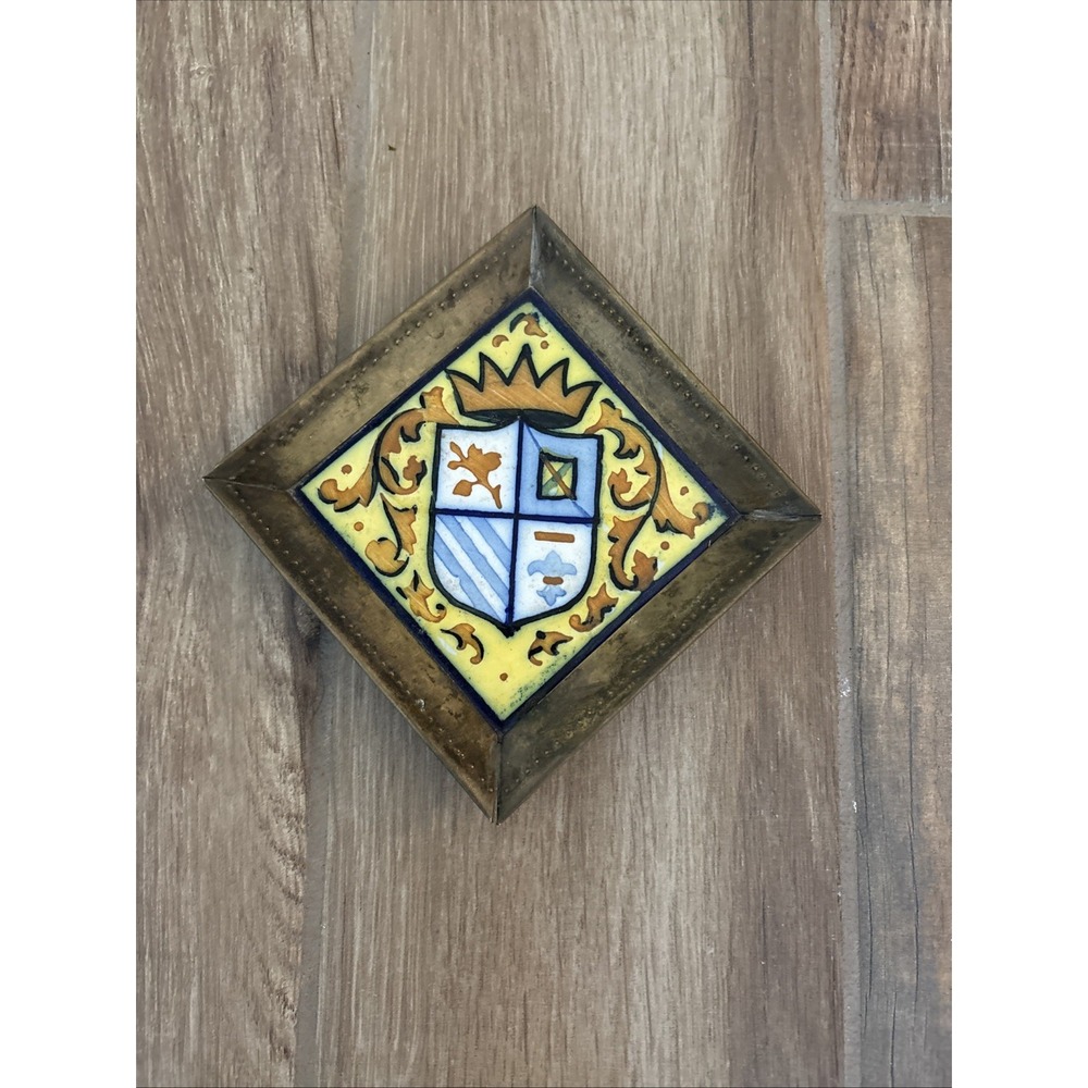 Vintage Ceramic Crest Of Arms Dish Plaque Brass Framed Tile Yellow